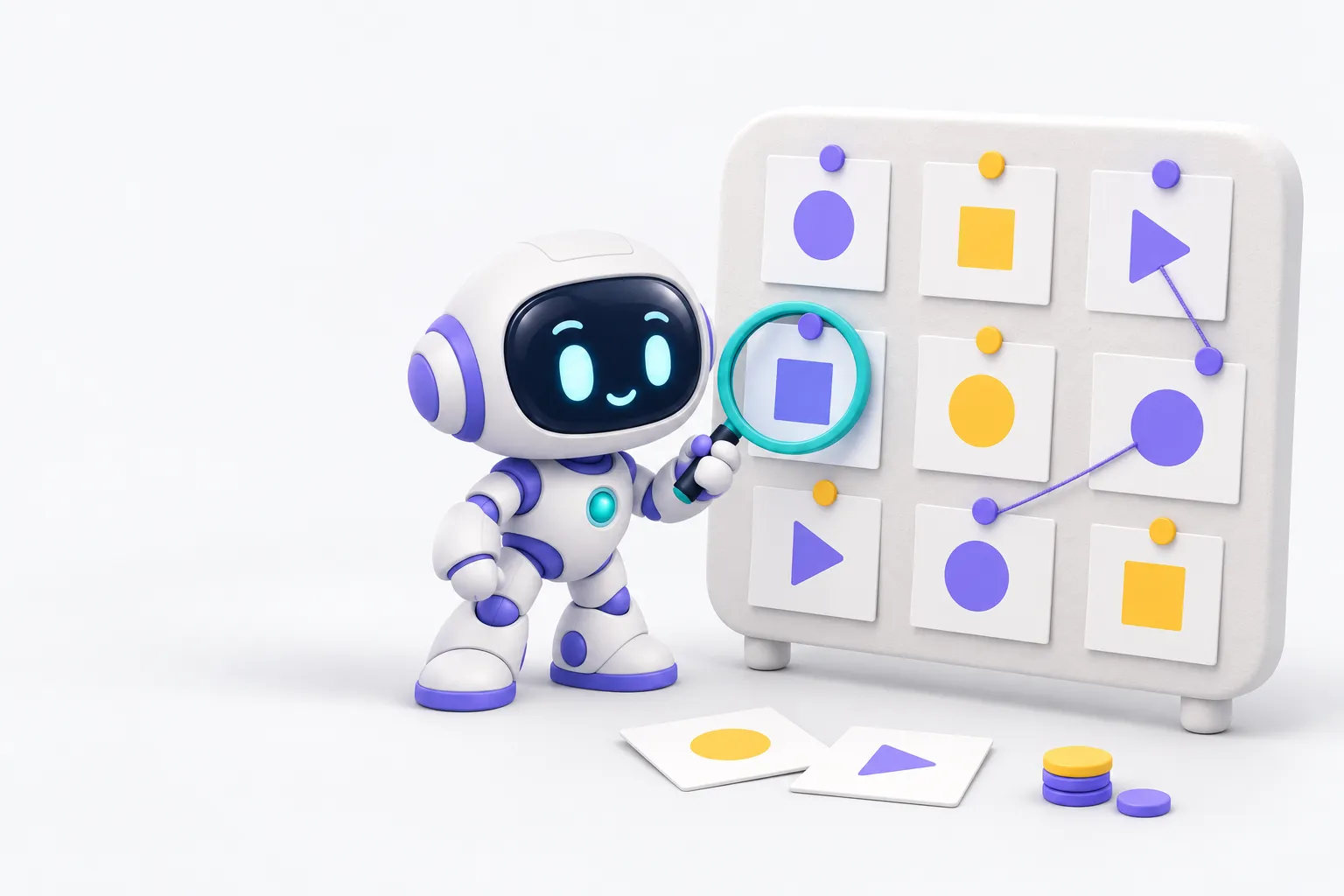 A robot with a magnifying glass studies a pinboard of ad cards marked with coloured tags