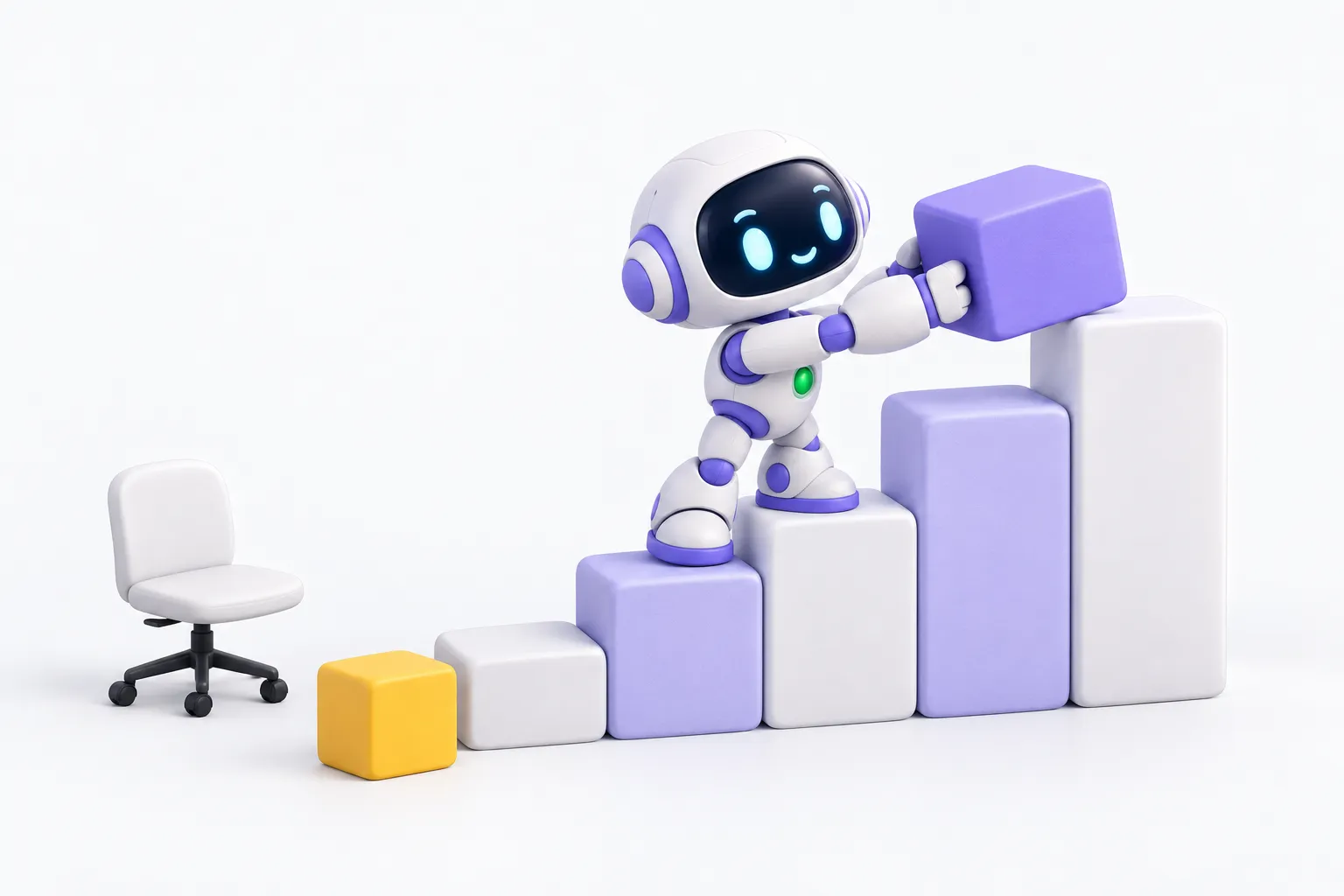 A robot adds a block to a rising staircase of blocks while an empty office chair sits unused