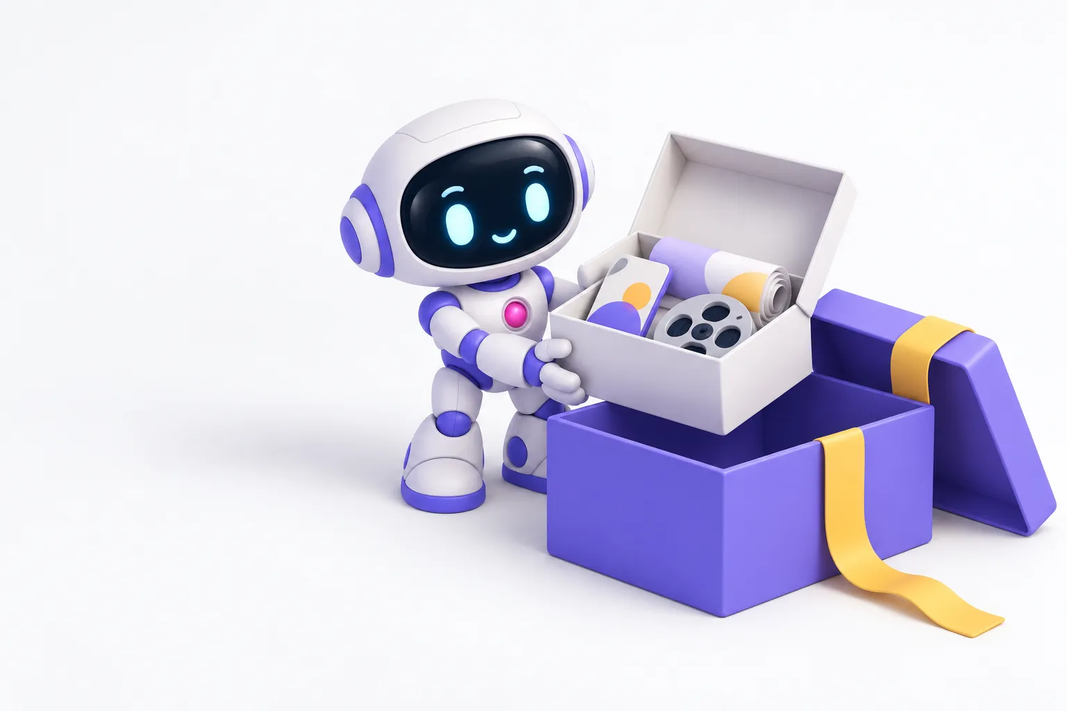 A robot places a plain white box of creative work inside a branded violet gift box